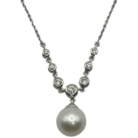 14k White Gold w Cultured Freshwater Pearl & .12ctw Diamond Bezel Set Necklace - Picture 1 of 7